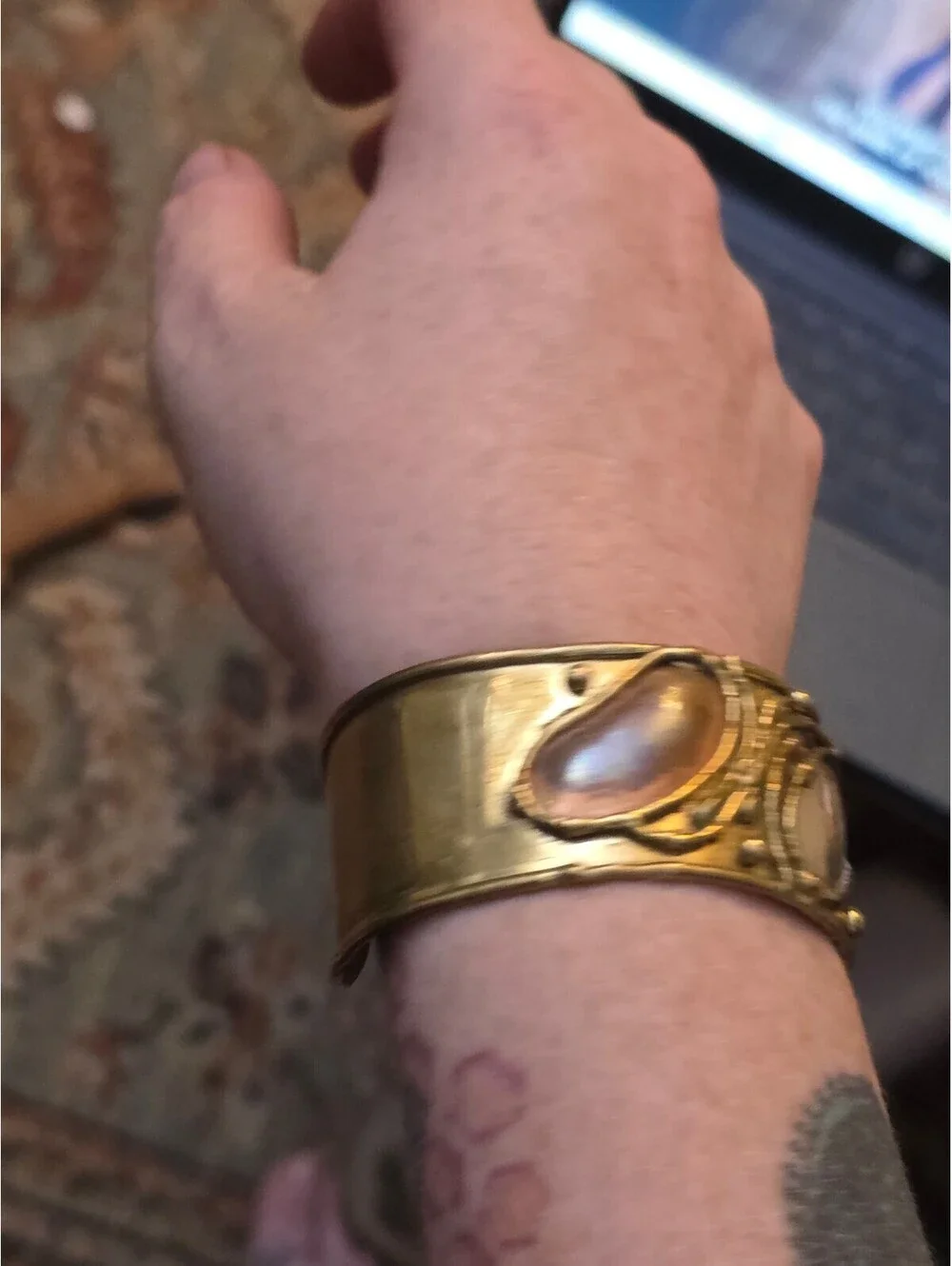 Vintage Artisan Brutalist Mixed Metal Brass Wide Cuff Bracelet Studio Modernist